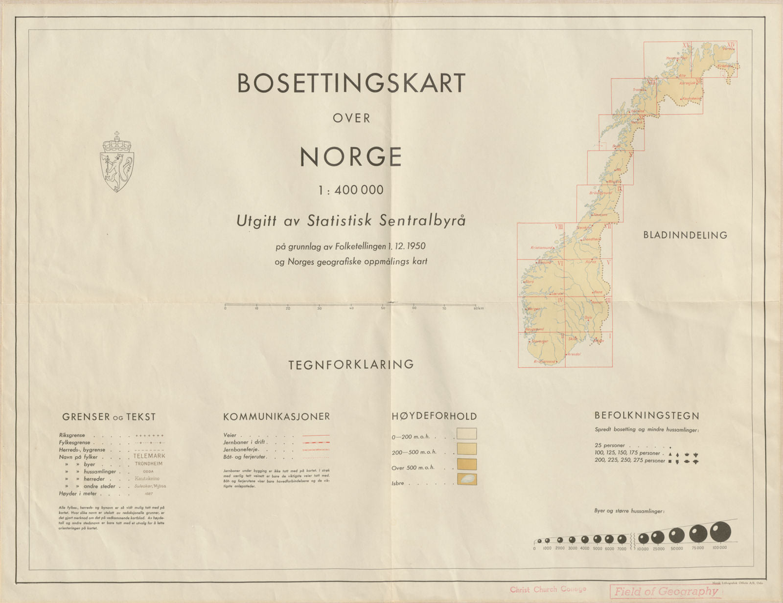 Norway Norge settlements index map. Statistik Sentralbrya 48x62cm 1950 old